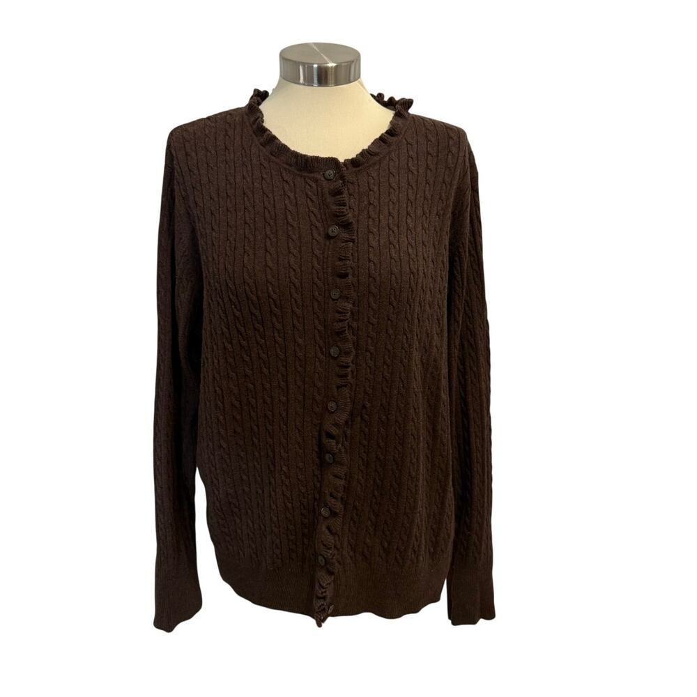 Eddie Bauer Women's Ruffle Trim Cardigan 2XL Cable Knit Button Front Brown